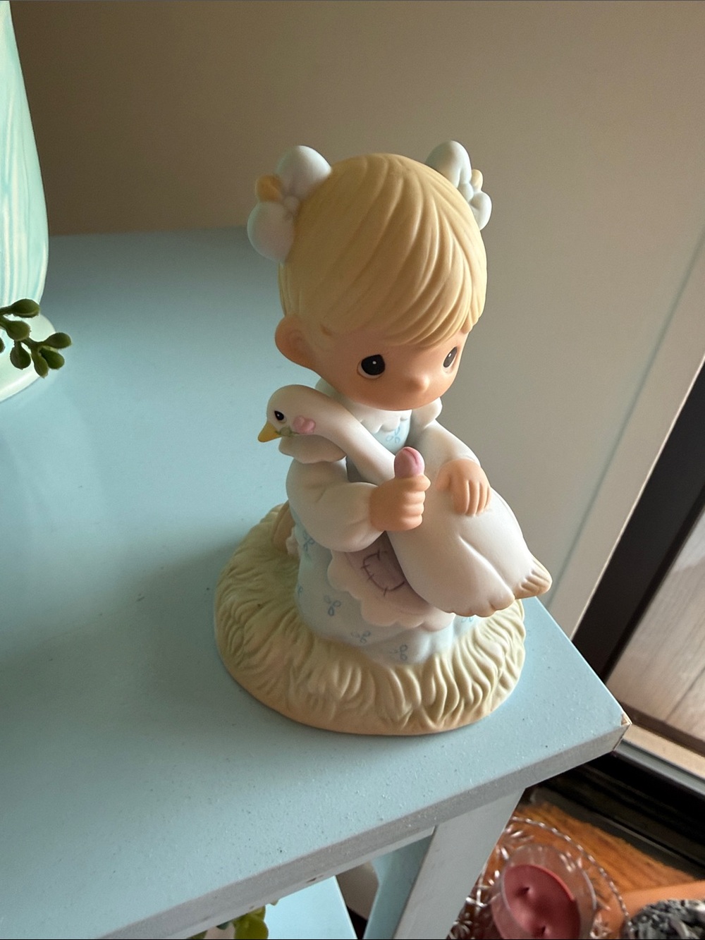 Precious Moments Blonde Girl Figurine Holding White Goose - Cream and White